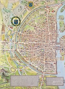 パリの地図からの右岸の詳細c。タペストリーとして作られた1540年、タペストリーのプランとして知られています。 1570、1818色の彫刻